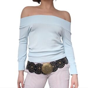 The Limited Vintage Y2K Preppy Ice Blue Bardot Shoulder Long Sleeve Blouse